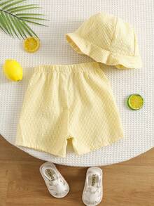 SHEIN Unisex Baby Boy Baby Girl Baby Boy 2pcs Embroidered Cute Vacation Style Yellow Striped Beach Pants And Sun Hat Set, Baby Swimsuit, Beach Wear, Suitable For Beach Vacation And Swimming - Yellow - View 2