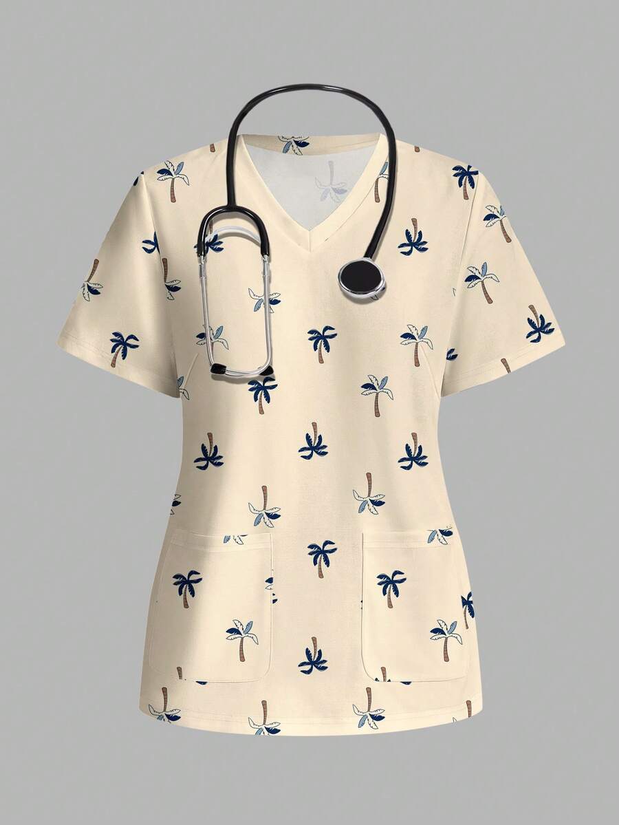 PopScrub Women's Scrub Vacation Coconut Tree Print Top, Suitable For Children, Pet Hospital - Multicolor - View 1