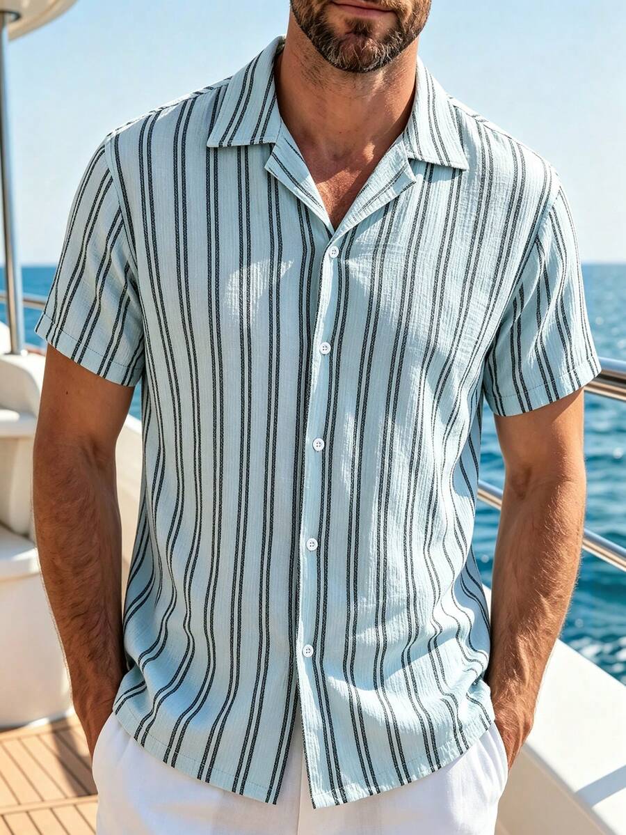 Manfinity Homme Men's Striped Textured Shirt, Comfortable Summer - Green - View 1