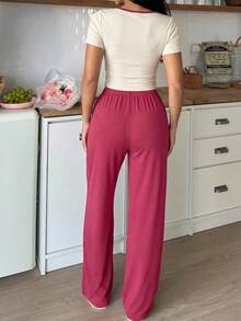 SweetSlumber Contrast Trim Y2K Women's Loungewear Set - Rose Red - View 2