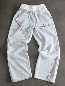 PAVTROS Men's Spring Casual Cherry Blossom Print Loose Sweatpants - Light Grey - View 5