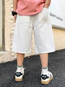 SHEIN 青少年男孩时尚复古休闲棉质弹力腰带口袋牛仔短裤，适合日常穿着，春夏皆宜，也适合锐舞派对和海滩活动。 - 白色 - 查看 2
