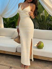 Sunnyshic 女款藍白條紋紋理V領掛脖綁背露背收腰顯瘦夏季歐美風性感派對海灘度假洋裝 - 淡黃色 - 查看 5
