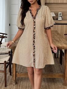 Weeklong Plus Size Women's Spring/Summer Notch Neck Puff Sleeve Beige Colorblock Casual 90s Vacation Dress Club - Multicolor - View 4