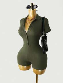 Mistrie Women's Fashion Ribbed Button Short Sleeve Fitted Romper - Army Green - View 4