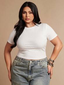 SHEIN BAE Plus Size Women's Sequin Embellished Short Sleeve Top, Spring/Summer - White - View 5