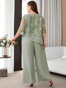 Reflora Plus Size Women's Floral Embroidery Pattern Top And Wide Leg Pants Casual Daily 2-Piece Set - Green - View 8