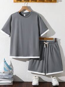 SHEIN 2件組青少年男孩T恤套裝，休閒短袖T恤與短褲套組，適合外出、戶外、度假派對、夏季海灘度假、春夏季穿著 - 灰色 - 查看 9