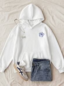 SHEIN 青少年女孩灰色休閒連帽運動衫，附口袋，十字設計，百搭長袖套頭衫，秋冬女童服飾 - 白色 - 查看 2