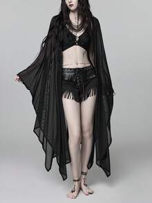 ROMWE Goth Blusa de manga de murciélago transparente de estilo gótico para vacaciones de primavera/verano en la playa - Negro - Ver 1