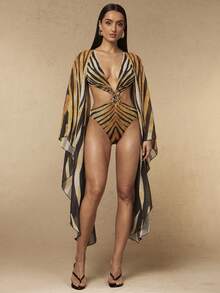Silquee Spring/Summer Women's Extra Long Sleeve Printed Hollow Out One-Piece Swimsuit Bathing Suit For Women Beach Vacation Party Vacation Brown Sexy - Black - View 3