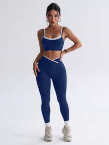 SHEIN Sports 無縫高彈力女款健身休閒日常運動收腰提臀套裝 - 藏蓝色 - 查看 4