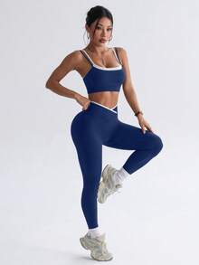 SHEIN Sports 無縫高彈力女款健身休閒日常運動收腰提臀套裝 - 藏蓝色 - 查看 5