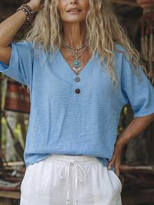 Zayélia Blusa holgada de mujer con cuello en V y botones de estilo lino sintético, nueva temporada - Azul - Ver 12