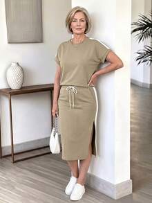 EMERY ROSE Middle-Aged And Elderly Women's Striped Contrast Color Round Neck T-Shirt And Side Slit Lace-Up Skirt Set Casual Summer Outfit For Women - Khaki - View 5