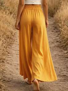 EMERY ROSE Pantalones largos de pierna ancha de unicolor para mujer en verano - Amarillo - Ver 2