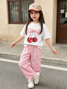 SHEIN 2pcs/Sets Young Girl Basic Casual Slouchy Solid Color Set, Horse Print, Asymmetric Hem, Side Ruched Design, Round Neck Short Sleeve T-Shirt, Paired With Yellow Striped Textured Fabric Straight Leg Pants Set, Suitable For Daily/Outing Multiple Occasions, Spring/Summer/All Seasons Style, Toddle Girls Sets, Children Daily Comfortable Summer Outfit, Girls Outfits - Multicolor - View 7