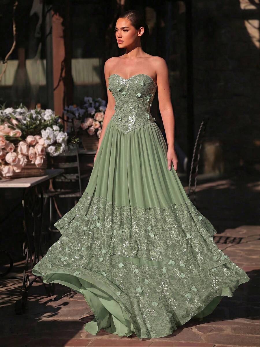 Glamrae Elegant Romantic Handmade 3D Floral Lace Chiffon Patchwork Strapless Basque Low Waist Court Style Extra Large A-Line Skirt Hem Romantic Lace Patchwork Suitable For Date Vacation Wedding Event Back To School Season Bachelorette Party Women's Evening Gown - Green - View 1