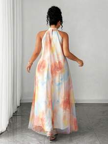 Elenzga Elegantes ärmelloses Maxikleid in Große Größen für Damen mit gewebtem Neckholder, Aquarellbindebatik-Farbverlaufsmuster und luftigem Mesh-Muster - Verschiedenfarbig - Übersicht 2