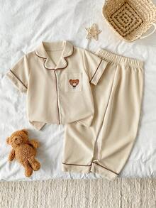 Conjunto de pijama con bordado de oso y textura acanalada, unisex para niños, top de manga corta con solapa + pantalones largos 2 piezas, ropa de estar en casa para bebé primavera/otoño - Multicolor - Ver 1