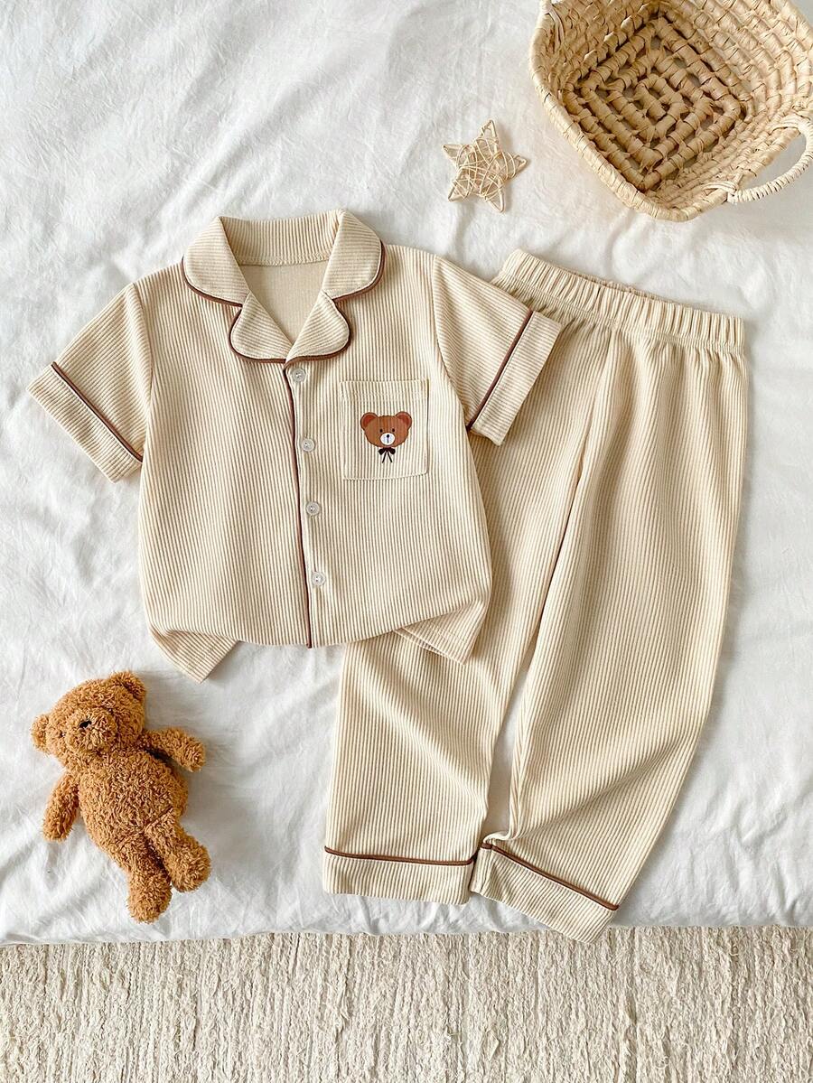 Conjunto de pijama con bordado de oso y textura acanalada, unisex para niños, top de manga corta con solapa + pantalones largos 2 piezas, ropa de estar en casa para bebé primavera/otoño - Multicolor - Ver 1