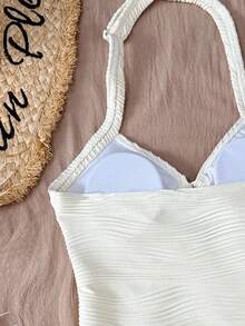 SHEIN 女童 2 件組 米色波浪條紋金屬飾邊 柔軟舒適針織面料泳衣套裝，適用於海灘、泳池、海邊、衝浪、度假、夏季、旅行、假日 - 米色 - 查看 4