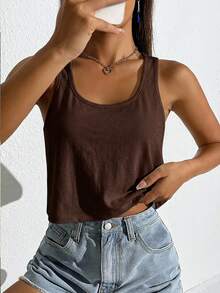 SHEIN EZwear 女款休閒棕色大U領寬鬆短版背心，適合夏季 - 棕色 - 查看 9