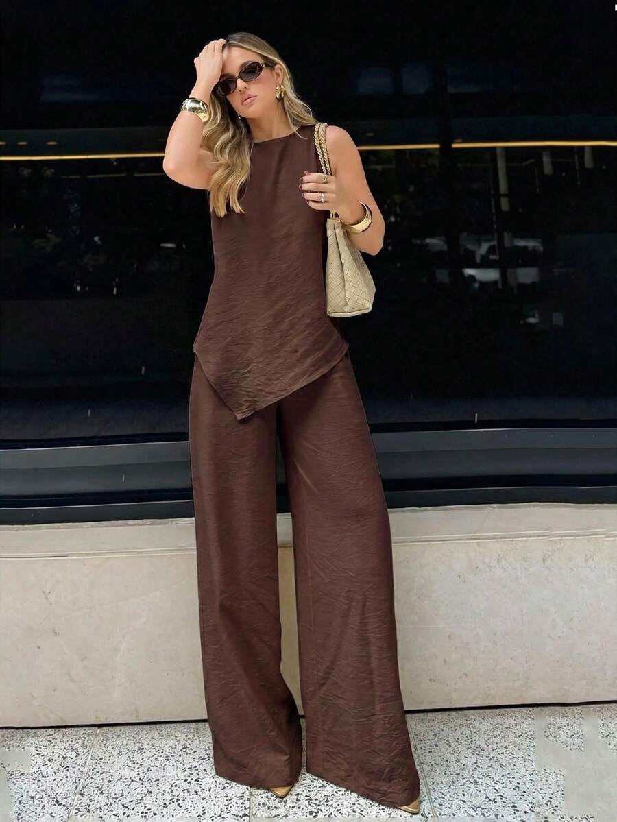 Firerie 夏季女款優雅休閒度假通勤辦公老錢風翻領腰部繫帶寬鬆亞麻襯衫不對稱上衣與高腰休閒長褲兩件套 - 棕色 - 查看 1