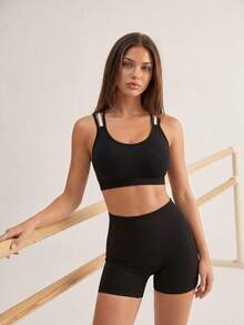 Eassivo Europäisch-amerikanischer modischer asymmetrischer Schulter Yoga-Top für Frauen mit gepolstertem BH, Fitness-Sport-BH - Schwarz - Übersicht 4