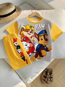 SHEIN | PAW Patrol 小男孩休閒簡約、寬鬆舒適、經典可愛卡通動畫圖案印花、可愛小狗圓領短袖T恤與短褲2件組，適合春夏季 - 彩色 - 查看 4