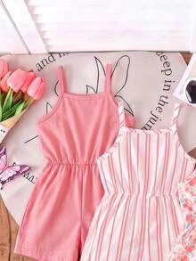 SHEIN Playful Pals 3件套女童夏季新款2026碎花条纹印花连体衣，简约百搭度假风连体裤 - 彩色 - 查看 3