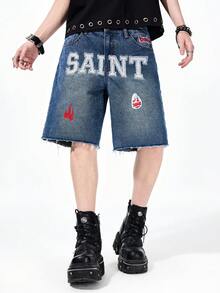 ROMWE MEN Men's Printed Denim Shorts, Suitable For Spring And Summer - Blue - View 7