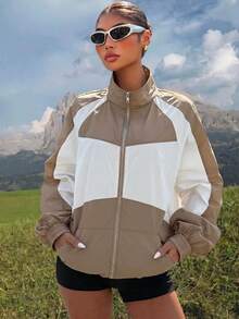 Muchica Chaqueta ligera de nailon de color block para exteriores - Caqui - Ver 1
