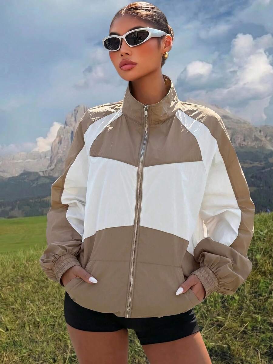 Muchica Chaqueta ligera de nailon de color block para exteriores - Caqui - Ver 1