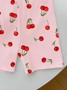 Young Girl Casual Simple Cherry Pattern Short Sleeve Shorts 2 Pieces Set Suitable For Summer - Multicolor - View 3