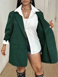 Maweii Plus Size Fashion Commuter Striped Jacket - Dark Green - View 8