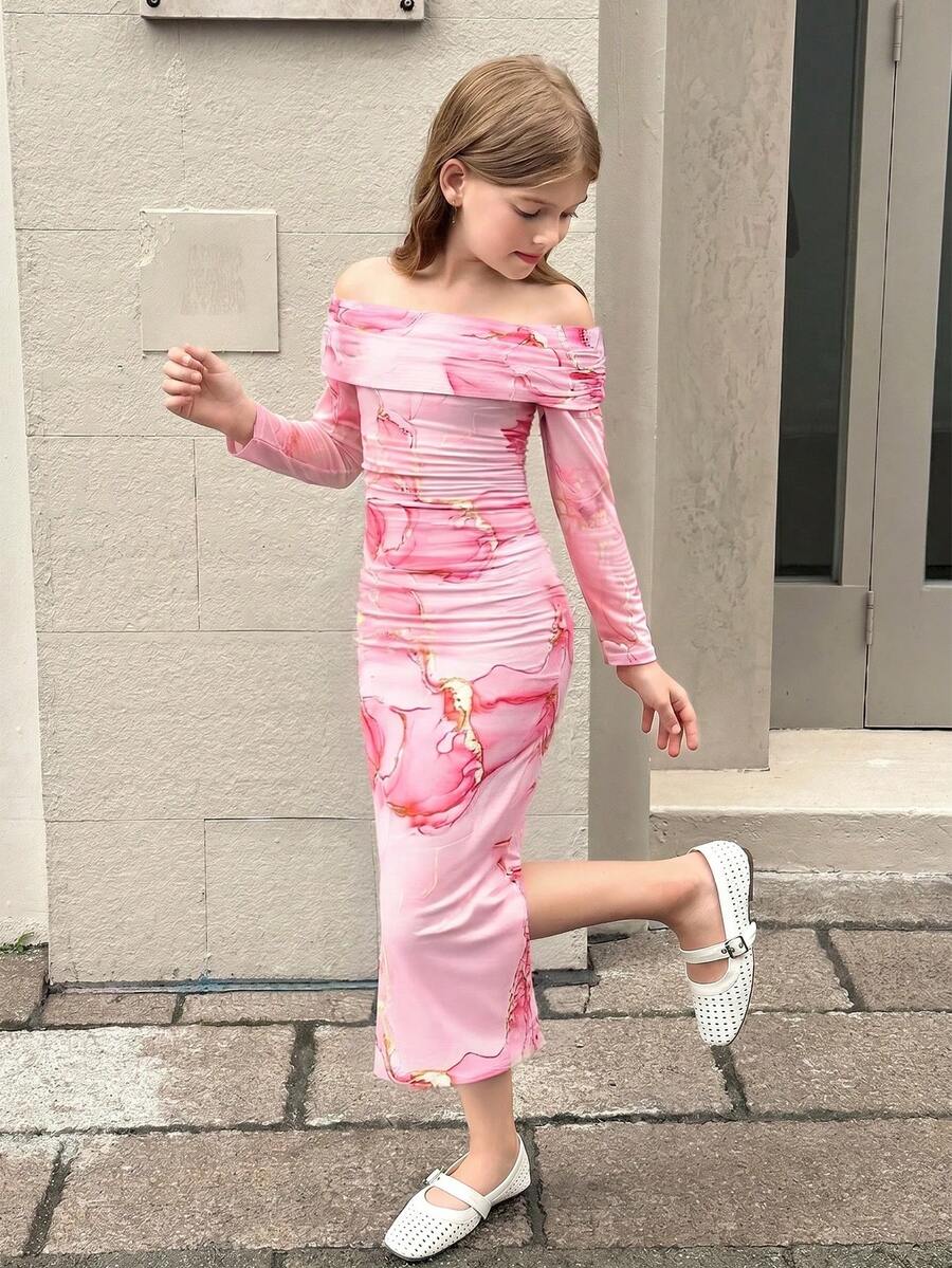 SHEIN Serisse Kids 青少年女孩舒适贴身休闲简约露肩束腰中长连衣裙 - 粉色 - 查看 1