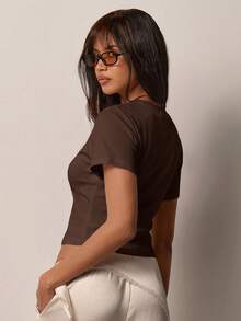 COSMINA Women's Ribbed Knit Cropped Round Neck Fitted T-Shirt - Brown - View 2
