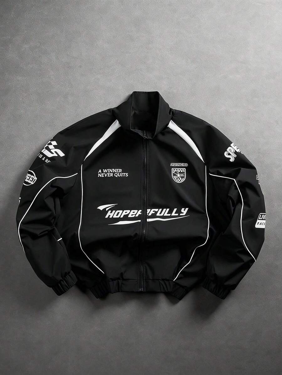 Manfinity EMRG Men's Printed Casual Long Sleeve Outdoor Windbreaker Jacket, Long Sleeve Racing Jacket - Black - View 1