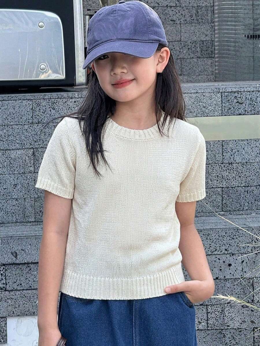 Dazy Kids 少女簡單百搭圓領短袖針織上衣 - 米色 - 查看 1