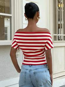 Muchica Women's Spring/Summer New Knit Red And White Stripe Off-Shoulder Ruched T-Shirt Vacation Casual - Red and White - View 2