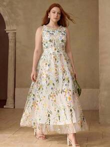 MOTF PREMIUM PLUS SIZE WOMEN'S ROUND NECK SLEEVELESS MESH EMBROIDERED DRESS, CASUAL & DATE WEAR, SPRING/SUMMER - Multicolor - View 6