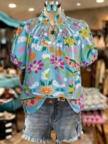 Linhara Plus Size Women's Light Blue Floral Print Mandarin Collar Short Sleeve Pleated Casual Blouse, Boho Summer Vacation Holiday Chic Vintage Bohemian Tops - Multicolor - View 1