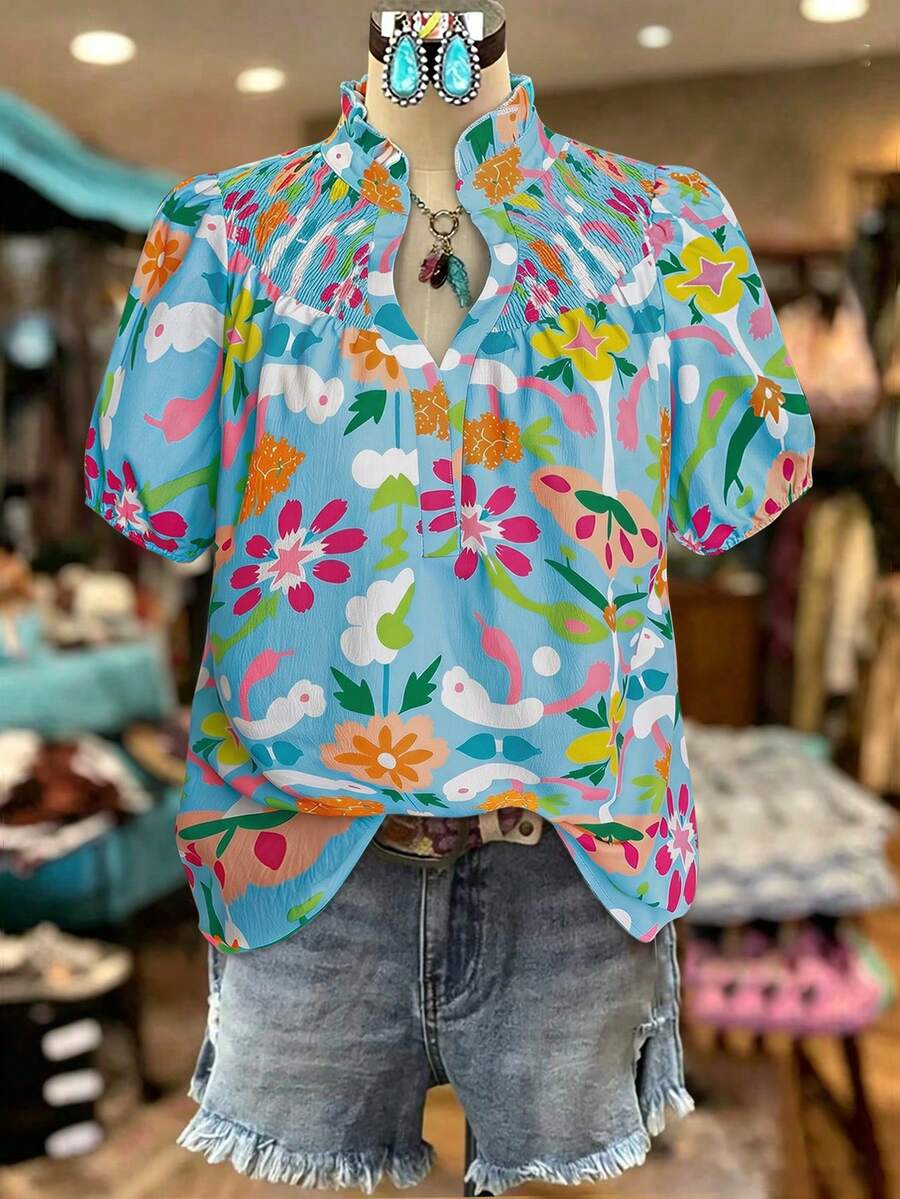 Linhara Plus Size Women's Light Blue Floral Print Mandarin Collar Short Sleeve Pleated Casual Blouse, Boho Summer Vacation Holiday Chic Vintage Bohemian Tops - Multicolor - View 1