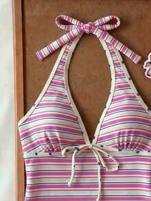 Elavelle Women's Spring/Summer Random Print Spaghetti Strap Bow Bikini Top - Multicolor - View 5