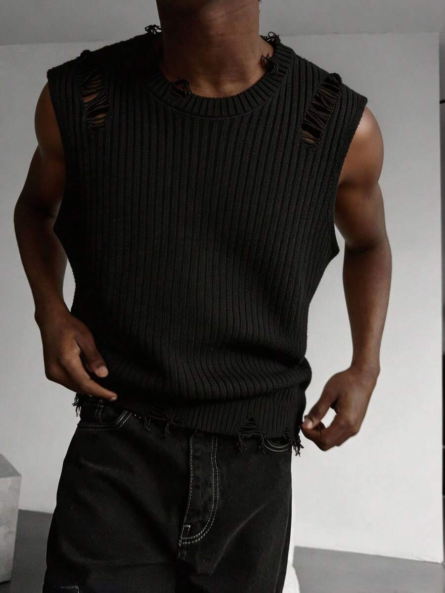 Manfinity EMRG Men's Fashion Versatile Distressed Crew Neck Knit Vest - Black - View 1