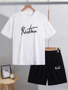 SHEIN 青少年男孩 2件組休閒字母印花短袖短褲套裝，適合生日派對、晚宴、表演、婚禮、洗禮、開幕式，適用日常穿著、上學、旅行、運動，適合春夏穿搭 - 黑與白 - 查看 5