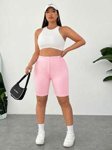 SHEIN EZwear Light Pink Cooling Plus Size Tight Shorts - Baby Pink - View 6