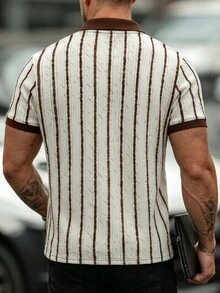 Manfinity CasualCool 男士夏季復古針織鏤空條紋休閒寬鬆 Polo 衫，儀式場合適用 - 咖啡棕 - 查看 2