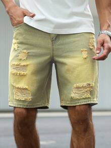 Manfinity Homme Plus Size Men's Slant Pocket American Distressed Denim Shorts - Blue - View 4